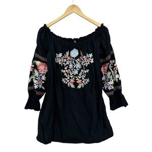 Free People Black Floral Embroidered Mini Dress